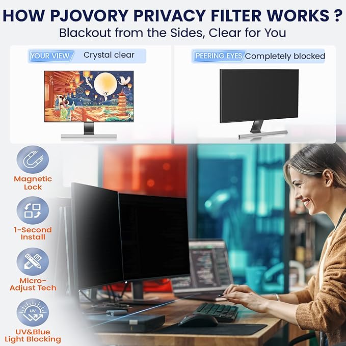 Magnetic 32 Inch Privacy Screen for Frameless Computer Monitor 16:9 Aspect Ratio,Hanging Blue Light Screen Protector Eye Protection Anti-Spy Shield, 32in Removable Privacy Filter