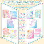 TaoBary 160 Pcs Stationery Paper Set 50 Double Sided Stationery Papers with 50 Matching Envelopes and 60 Round Dot Sticker, 10 Design(Watercolor,5.5 x 8.25 Inch)