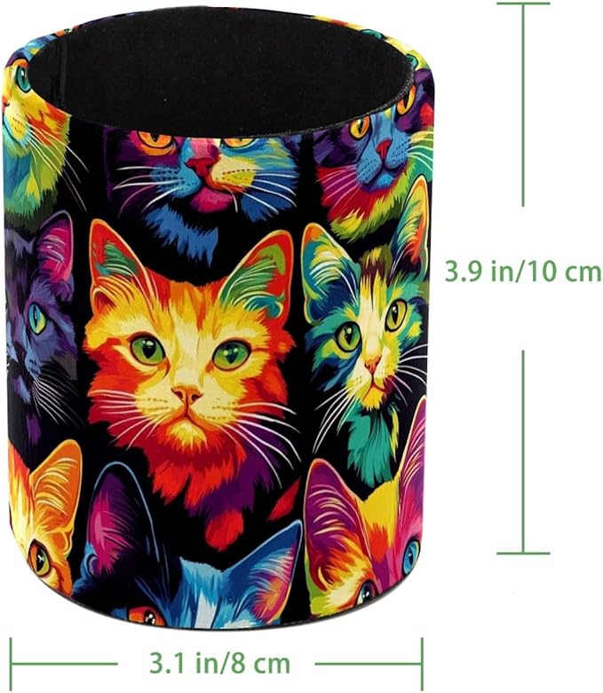 Leather Pen Holder for Desk, Colorful Cat Pattern Pencil Cup Desktop Organizer Makeup Brush Holders Office Supplies for Home, Kids & School