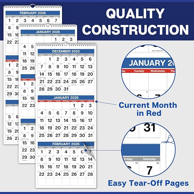 Dunwell 3-Month Wall Calendar 2026 (Blue), Large Monthly Hanging Calendar with Big Grid Numbers, Easy to Read Large Print, Use to Dec 2026, For Office or Home, 11x26 Open, Ships Folded
