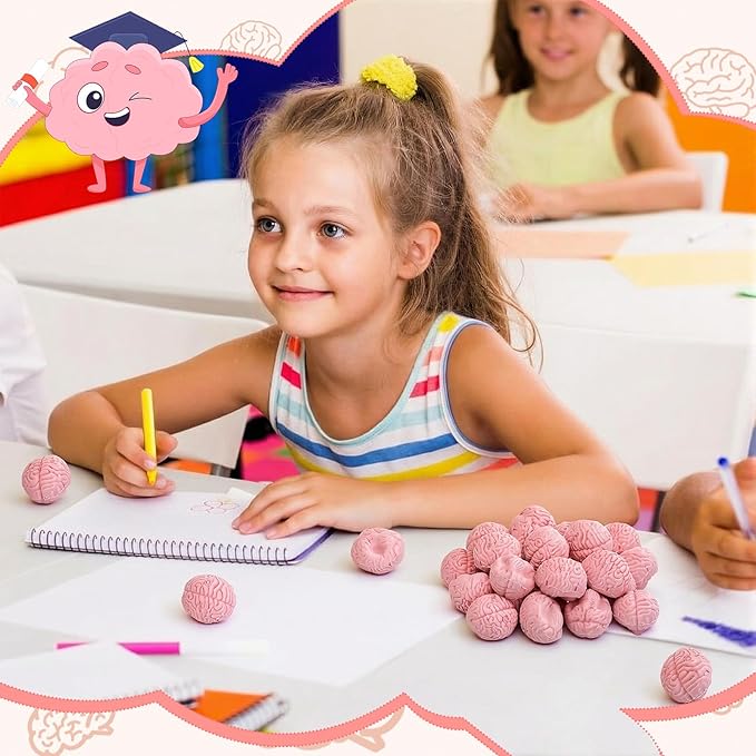 Gilprop 24 Pcs Brain Shaped Erasers Bulk, 1 Inch Mini Halloween Erasers Halloween Party Favors Fun Classroom Supplies Cute Novelty Gifts for Students Teacher Must Haves (Pink)