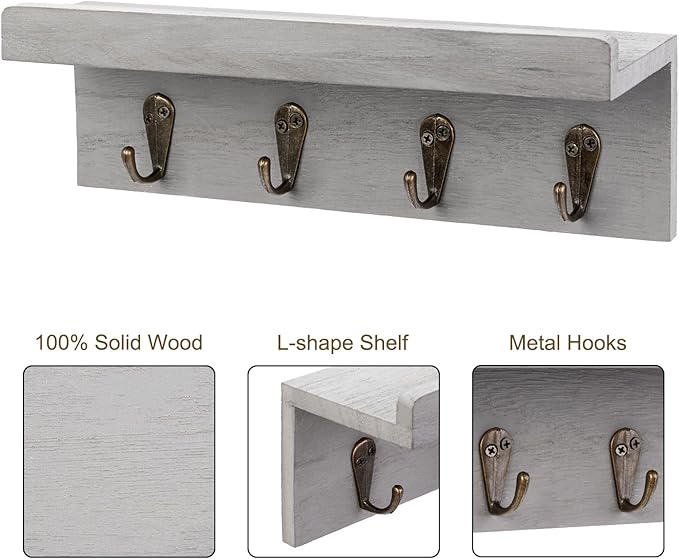 HRONRAD Rustic Key Holder for Wall, Farmhouse Wall Shelf with 4 Hooks, Wall Mounted Key Racks, Wooden Mail Organizer with Hooks for Entryway (Grey)