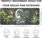 Lofi Cat Mouse Pad Green Plant Desk Pad,Black Cat Extended Gaming Mouse Mat with Stitched Edges Non-Slip Waterproof Rubber Base Mous Mat for Office,Computer,Keyboard,Laptop,Home Desk Pad(27.5X11.8 in)