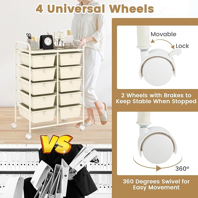 HAPPYGRILL 10-Drawer Rolling Storage Cart, Storage Organizer Cart with Lockable Wheels, Beauty Salon Movable Utility Cart for School, Office, Home, (Ivory)