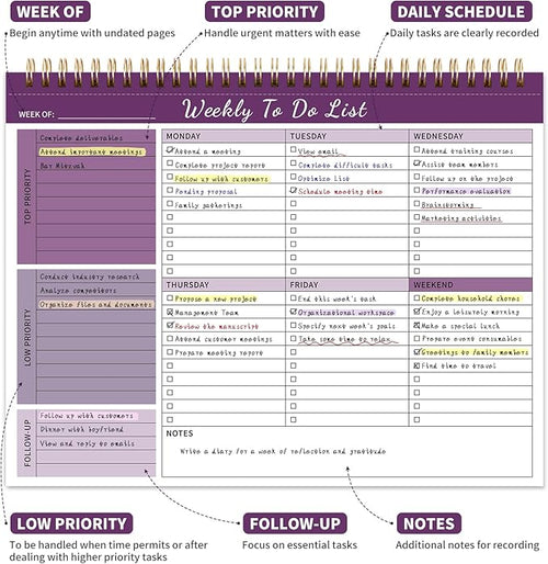 ALKALO Weekly To Do List Notepad, 52 Undated Sheets （8.5"×11") Duplex-Printed Weekly Desk Planner For Work Home School Office Desk Accessories Supplies & Goal Setting Tasks - Purple