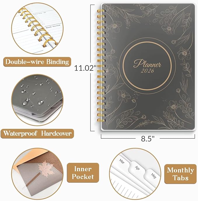 2026 Planner 8.5 x 11, Large Weekly Monthly Planners with Tabs, A4 Spiral Bound Daily Calendar 2026 Planner, 12 Month Agenda from Jan. to Dec., Flexible Cover Appointment Book(Black Gold Flower)