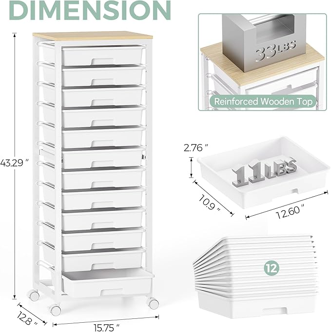 SYKIARIOL Rolling Cart with Drawers,12 Drawer Rolling Cart,Rolling storage cart with drawers,White Rolling Drawer Cart,Teacher Rolling Cart for Classroom Storage,Craft Cart with Wooden Tabletop
