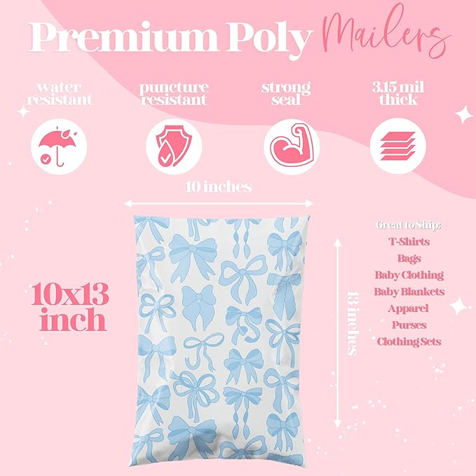 Pretty Package Store 10x13 Designer Poly Mailer 100 Pack Heavy Duty Waterproof Self Seal Shipping Bags for Small Business Large Mailing Envelopes Bulk Tear Resistant Packaging Blue Bows