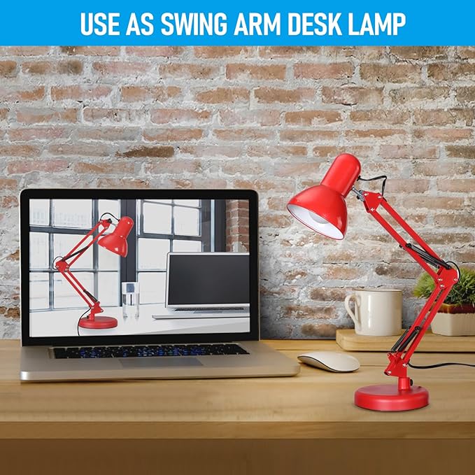 TORCHSTAR Metal Desk Lamp with Clamp, Swing Arm, Architect Adjustable Gooseneck Table Lamp, Clip Desk Lights for Home Office, Work, Study, Reading, E26 Base, Multi-Joint, Red