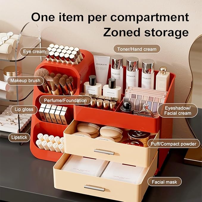 KQJS Makeup Organizer with Drawers,Large Capacity Countertop Organizer for Vanity,Bathroom and Bedroom Desk Cosmetics Organizer,Easy To Storage Skincare,Brushes,Lotions,Lipstick (Red and Cream)