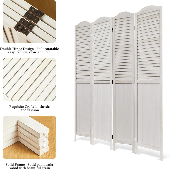Room Dividers, 5.75Ft Individual Privacy Screens Foldable Wooden Louver & MDF Stable Wall Divider for Home Office Bedroom, 4 Panels (White-Washed)