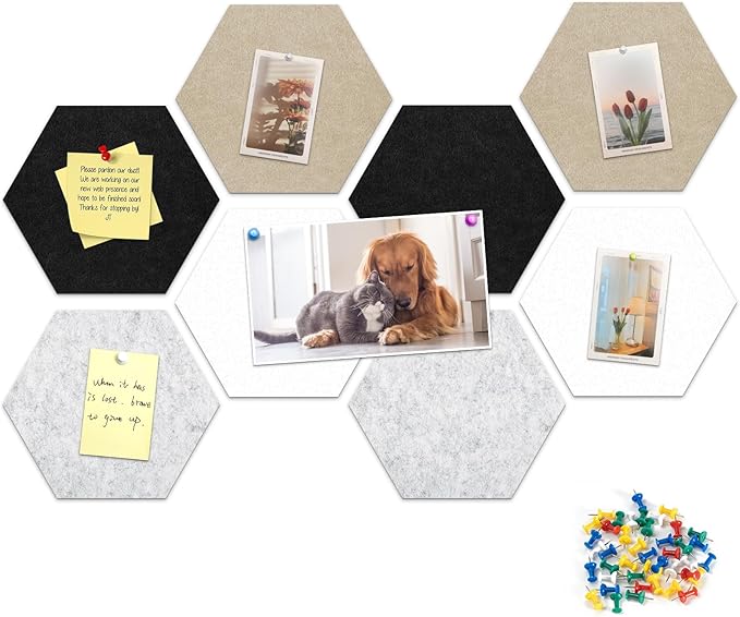 Uoisaiko 12" Large Bulletin Board with 30 Push Pins, Pack of 8 Hexagon Felt Pin Board Notice Boards for Home Office Kitchen, Felt Wall Tiles for Photos Memos