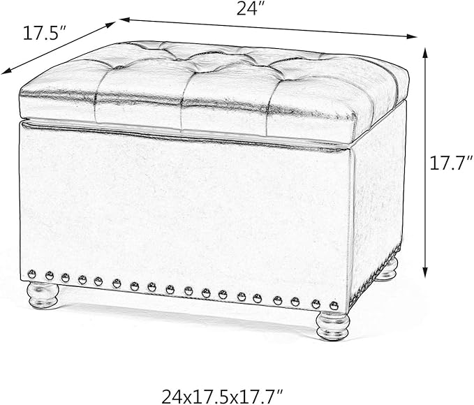 Decent Home 24" Storage Ottoman, Fabric Ottoman Foot Rest Stool with Hinged Lid, Tufted Rectangle Upholstered Footstool, Load Up to 350 lb, for Living Room, Bedroom, Dorm, Grey