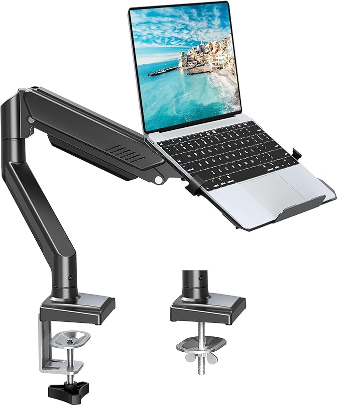 MOUNTUP Laptop Stand for Desk, 2-in-1 Monitor Mount with Laptop Tray Holds 2.2-22lbs, Adjustable Laptops Arm Mount for Max 17" Notebook & 32" Monitor, Laptops Desk Arm with Clamp/Grommet