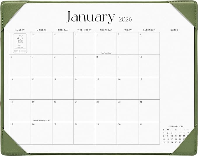 Cabbrix Desk Calendar 2026 with Desktop Mat, Simplified Medium Desk Pad Calendar 15" x 12" January 2026 to June 2027, Desk Blotter Calendar for Home School and Office (Green)