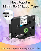 P Touch Label Maker Tape 12mm 0.47 Inch Laminated White/Black/Red/Blue/Yellow Replacement for Brother TZe Label Tape, for Ptouch Model PT-D200 D210 H100 1880, Colored Tape, 5-Pack