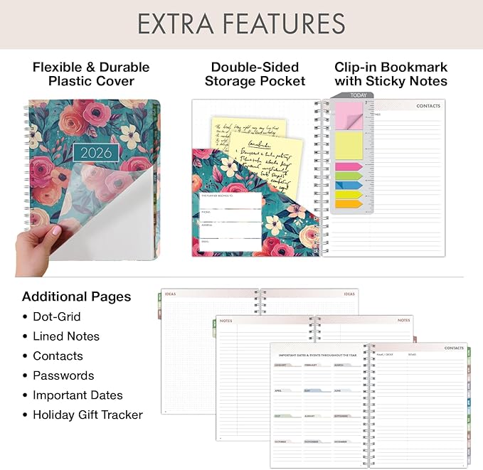 Essential PRO 2026 Daily, Weekly & Monthly Planner, 7"x9": 14 Months (Nov 2025 - Dec 2026) Monthly Tabs,Daily Tracking,Notes Pages,Storage Pocket,Bookmark w Sticky Notes (Teal Floral)