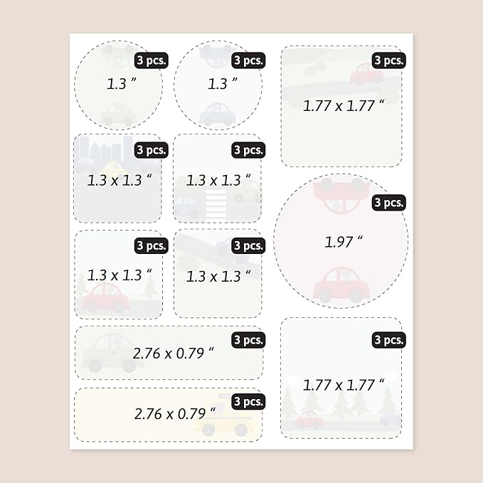 Large Name Labels for Kids (33) - Custom Stickers for Daycare and School Supplies - Durable, Waterproof Stickers for Water Bottles, Lunch Boxes, and More with Unique Designs - Cars