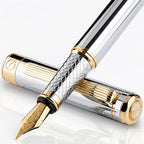 Scriveiner Silver Chrome Fountain Pen - Stunning Luxury Pen, Real Gold Finish, Schmidt Gilded Nib (Broad), Best Gift Set for Men & Women, Professional, Executive Office, Nice Designer Pens