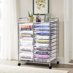 COSTWAY 15 Drawer Rolling Storage Cart, Multipurpose Mobile Storage Organizer w/Removable Drawers & Metal Frame, Utility Tools Paper Organizer on Wheels for Home, Office (Transparent)