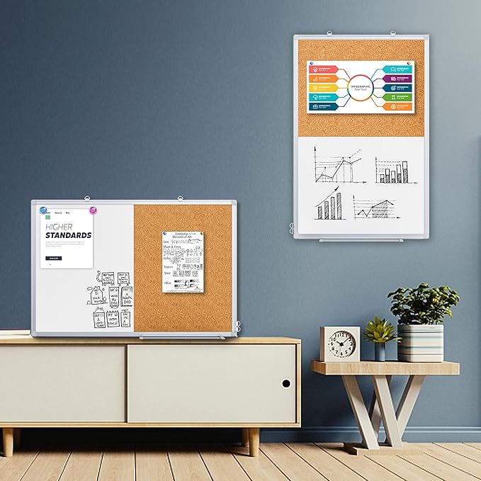 Magnetic White Board and Cork Board Combo, 36 X 24 inches Whiteboard Bulletin Combination Board, Wall Mounted Dry Erase Message Board for Home, School and Office