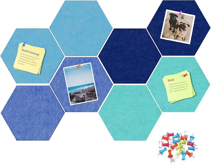 Uoisaiko 12" Large Bulletin Board with 30 Push Pins, Pack of 8 Hexagon Felt Pin Board Notice Boards for Home Office Kitchen, Felt Wall Tiles for Photos Memos (Dark Blue)