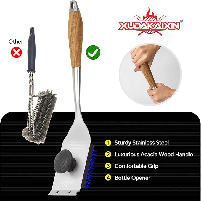 XUDAKAIXIN Grill Brush and Scraper, Dual Grip Design,Extra Strong BBQ Cleaner Accessories,Safe Nylon Bristles Barbecue Triple Scrubbers Cleaning Brush for Cast Iron Grates/Porcelain/Charcoal Grill