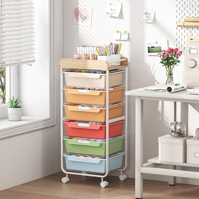 Rolling Storage Utility Cart With 6 Drawers,Art Supply Craft Organizer,Sewing Makeup Organizer And Storage,Office Organization Wooden Tabletop,Rainbow