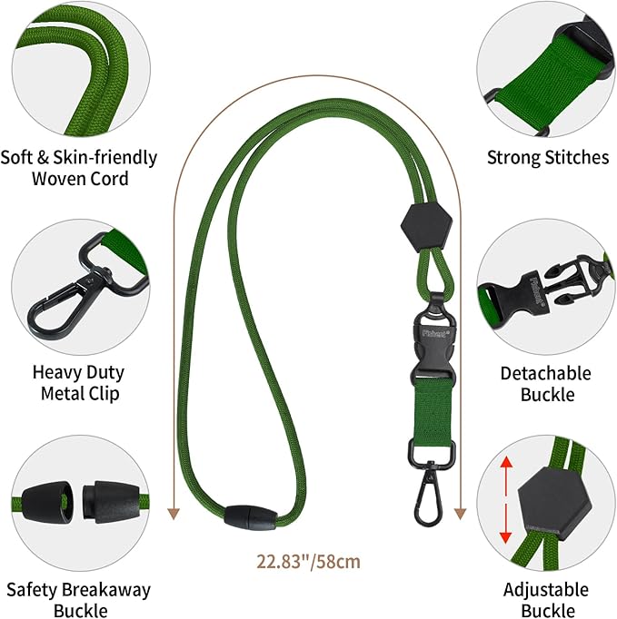 Fishent Breakaway Neck Lanyards for ID Badges, Adjustable Sturdy Round Cord Heavy Duty Key Lanyard with Detachable Buckle for Men Women Car Keys Card Holder (Dark Green)
