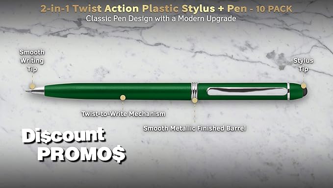 DISCOUNT PROMOS Twist Action Plastic Stylus Pens, Set of 10, Bulk Pack - Pens for Work, Cool Pens for Writing, Black Ink - Green
