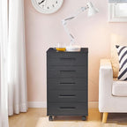 HOOBRO 5-Drawer File Cabinet, Office Cabinet with Drawers, Wooden Storage Cabinet with Wheels for Makeup, Home Office, Study, Easy Assembly, Black BK05WJ01