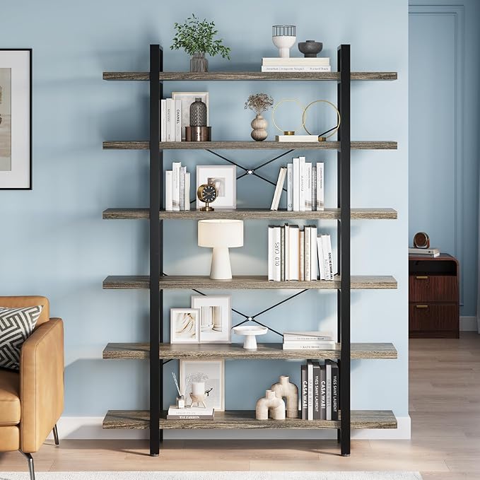 FURSUN Heavy Duty 6 Tier Bookcase, 80-in Tall Industrial Modern Large Bookshelf, Wood Farmhouse Bookcases Book Shelves and Metal Frame for Office, Bedroom, Living Room, Grey