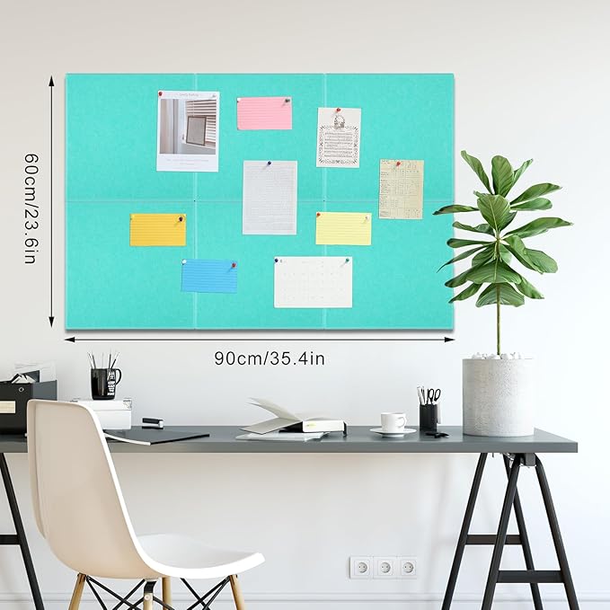 Large Cork Board 36" x 24", 6 Pack Felt Wall Tiles with Colored Pushpins, Bulletin Board with Removable Self-Adhesive Strips, Pin Board Cork Boards for Walls Office Home-Lake Blue