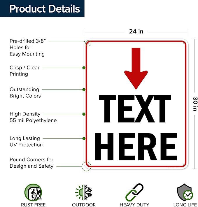 Custom Arrow,Custom Directional Sign, Arrow Down Sign, 24x30 Inches, 55 mil thick HDPE (high density polyethylene) Made in USA by My Sign Center