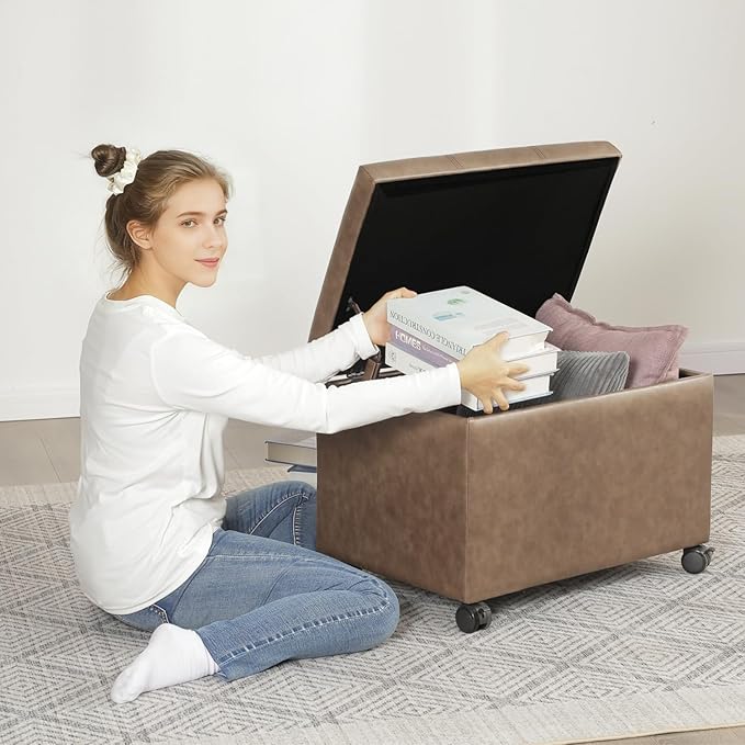 Joveco 24" Linen Storage Ottoman Bench with Wheels, Rectangle Foot Rest Stool for Living Room, Bedroom, Entryway, Earthy Light Brown Veining