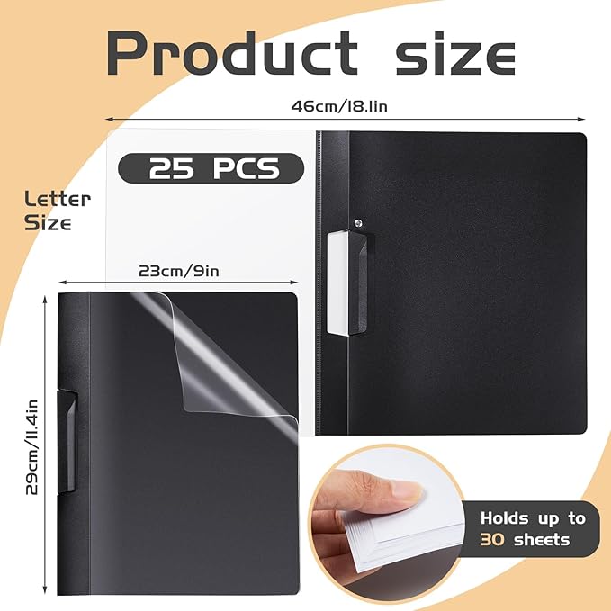 Maitys 25 Pack Durable Clear Report Covers with Rotary Clip 11 x 9 in Letter Size Presentation Folders Transparent Front Cover Portfolio Folder Resume Folder Interview Report Folders (Black)