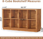 Joaxswe 8 Cube Storage Book Shelf, 52" Long Horizontal Bookshelf with Curved Edge, Floor Standing Wooden Cubby Bookcase with Base, Low Modern Console Book Case, TV Stand for Living Room, Brown