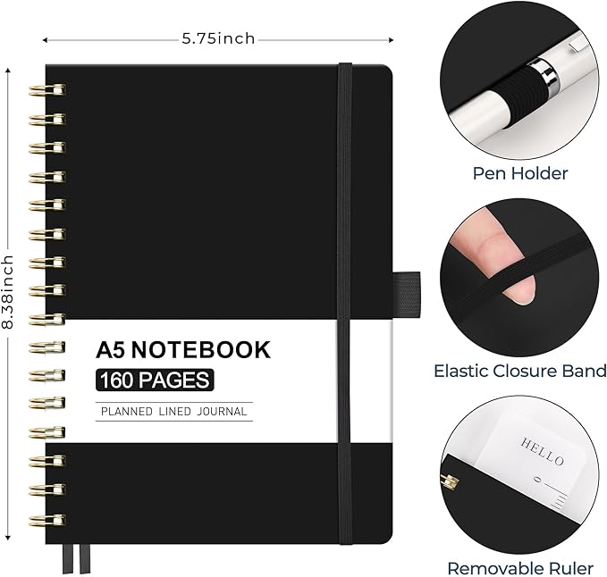 AHGXG Spiral Journal Notebook, 160 Lined Pages, A5 Medium Size (5.7'' x 8.3''), for Men & Women, Journaling, Writing, Work & Office, Hardcover, 100 GSM Thick Paper (Black)