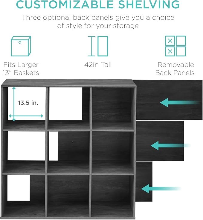 Best Choice Products 9-Cube Storage Organizer, 13.5in Shelf Opening, Bookcase, Display Shelf, Customizable w/ 3 Removable Back Panels – Dark Gray