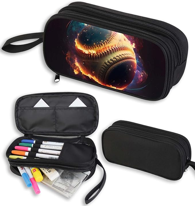 AnySmic Baseball Pencil Case for Boys and Girls, Large Pencil Pouch for Kids, Big Capacity Pen Case Pen Bag Organizer for School Student, Polyester, Double Zipper with 2 Compartments
