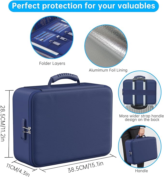 ENGPOW 5200°F Fireproof Document Bag with Lock, Upgraded Heat Insulated Fireproof＆Waterproof Box 8 Layers Document Organizer, Portable Home Travel Safe Storage Box for Important Files, Laptop, Blue