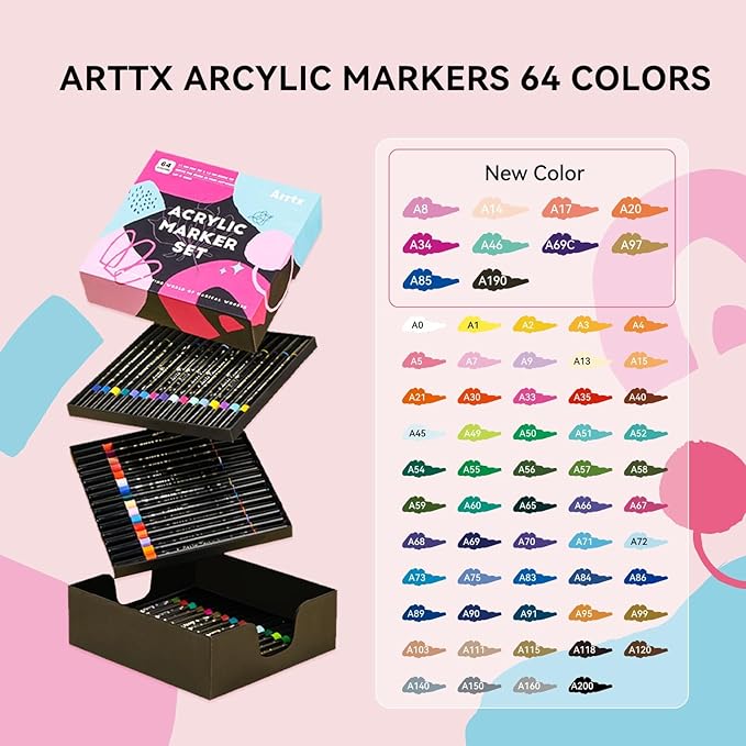 Arrtx Acrylic Paint Markers 64 Colors, Dual Tip Acrylic Paint Pens with Fine Tip and Brush Tip, Art Supplies for Rock Painting, Wood, Ceramic, Fabric, Glass, Card Making, DIY Crafts