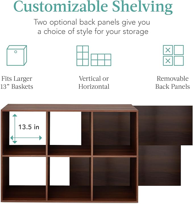 Best Choice Products 6-Cube Storage Organizer, 13.5in Shelf Opening, Bookcase, Display Shelf, Customizable w/ 3 Removable Back Panels – Walnut