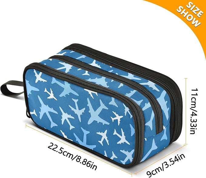 BOENLE Airplanes Blue Pencil Case Box Boys Girls Large Pencil Pouch with Zipper Compartments Big Capacity Stationery Pen Bag Organizer for Kids Teens Adults School