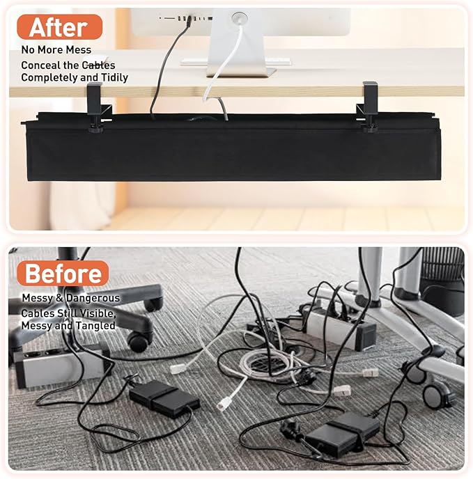 MAXECHO Under Desk Cable Management Tray 36" - Clamp on Wire and Cable Organizer for Storage and to Hide Cords - Ideal for Home Office - Premium Black Fabric Design
