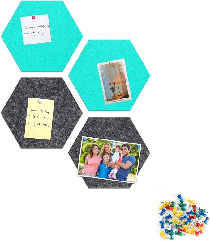 Uoisaiko 12" Large Bulletin Board with 15 Push Pins, Pack of 4 Hexagon Felt Pin Board Notice Boards for Home Office, Felt Wall Tiles for Photos Memos (Lake Blue Grey)