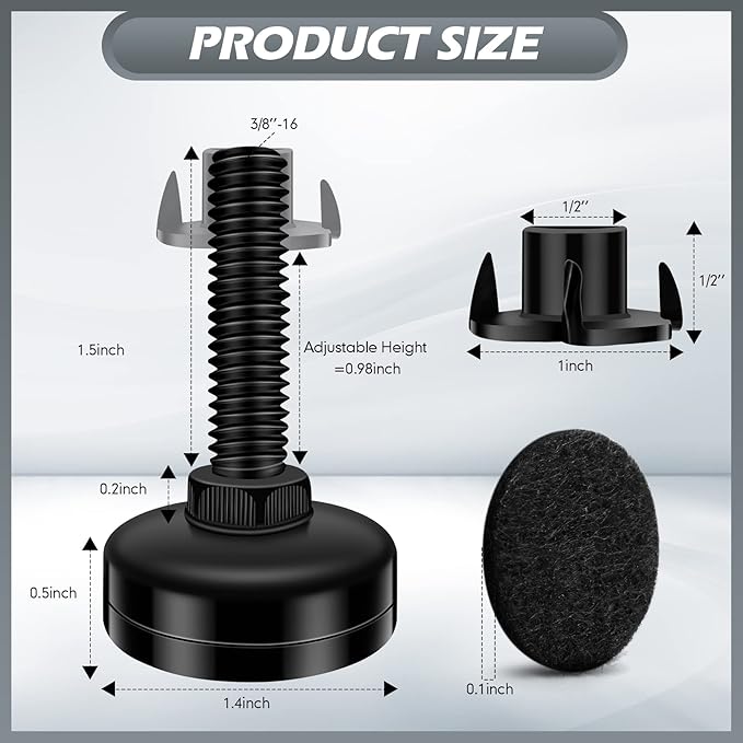 5 Set Adjustable Furniture Leveling Feet, Adjustable Leg Levelers for Cabinets Sofa Tables Chairs Raiser, Heavy Duty Height Adjuster Furniture Levelers Foot with T- Nut Kit 3/8”-16 Thread, Black