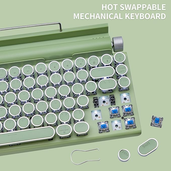 Adventurers Retro Typewriter-Style Mechanical Keyboard, 83 Keys, 75% Compact Layout, Bluetooth 5.0 and Wired, Hot-Swappable Blue Switch, White Backlit for Windows/Mac/iPad/PC/Laptop (Mint Green)