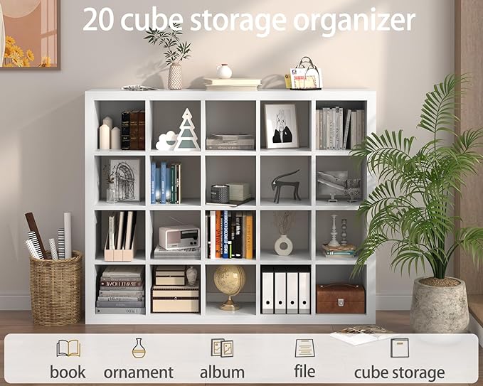 Sturdy Wooden Bookshelf with Storage Bins - 20-Cube Organizer, Multifunctional Cubicle Rack for Display & Storage, Living Room, Bedroom, Office, White