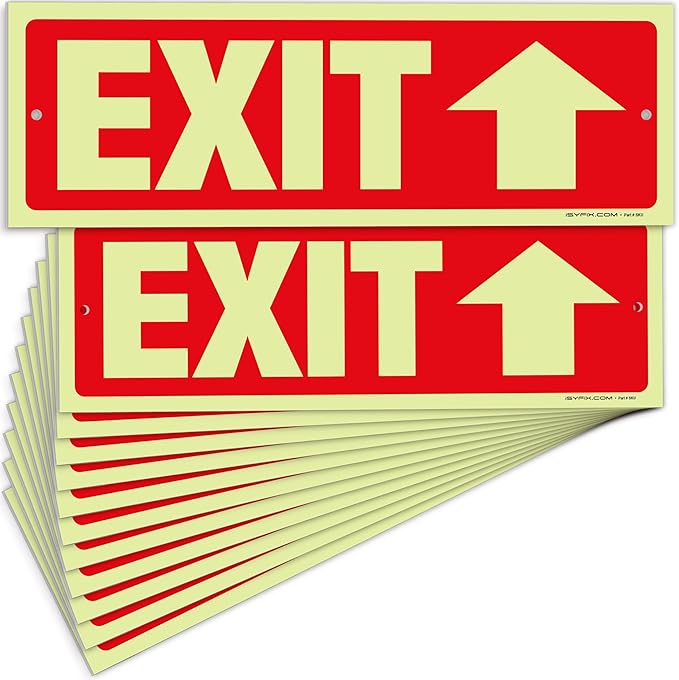 iSYFIX Exit Signs with Directional Up Arrow - 12 Pack 12x4 Inch Glow in the Dark for Business, School, Office, Warehouse - Durable 40 Mil Polystyrene, UV Laminated, Waterproof, Scratch & Fade Resistant